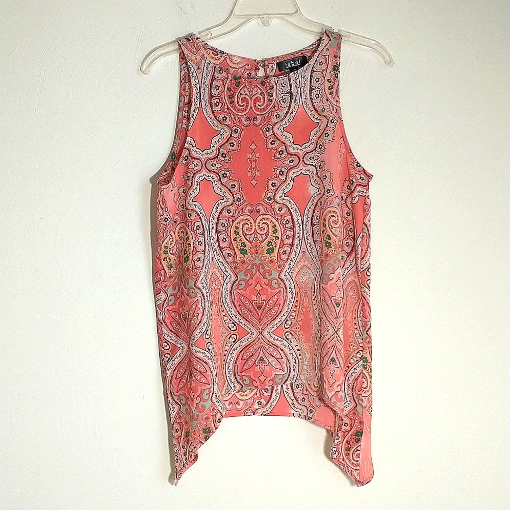 Label, Rachel Rachel Roy, orange print sleeveless top. S/P.